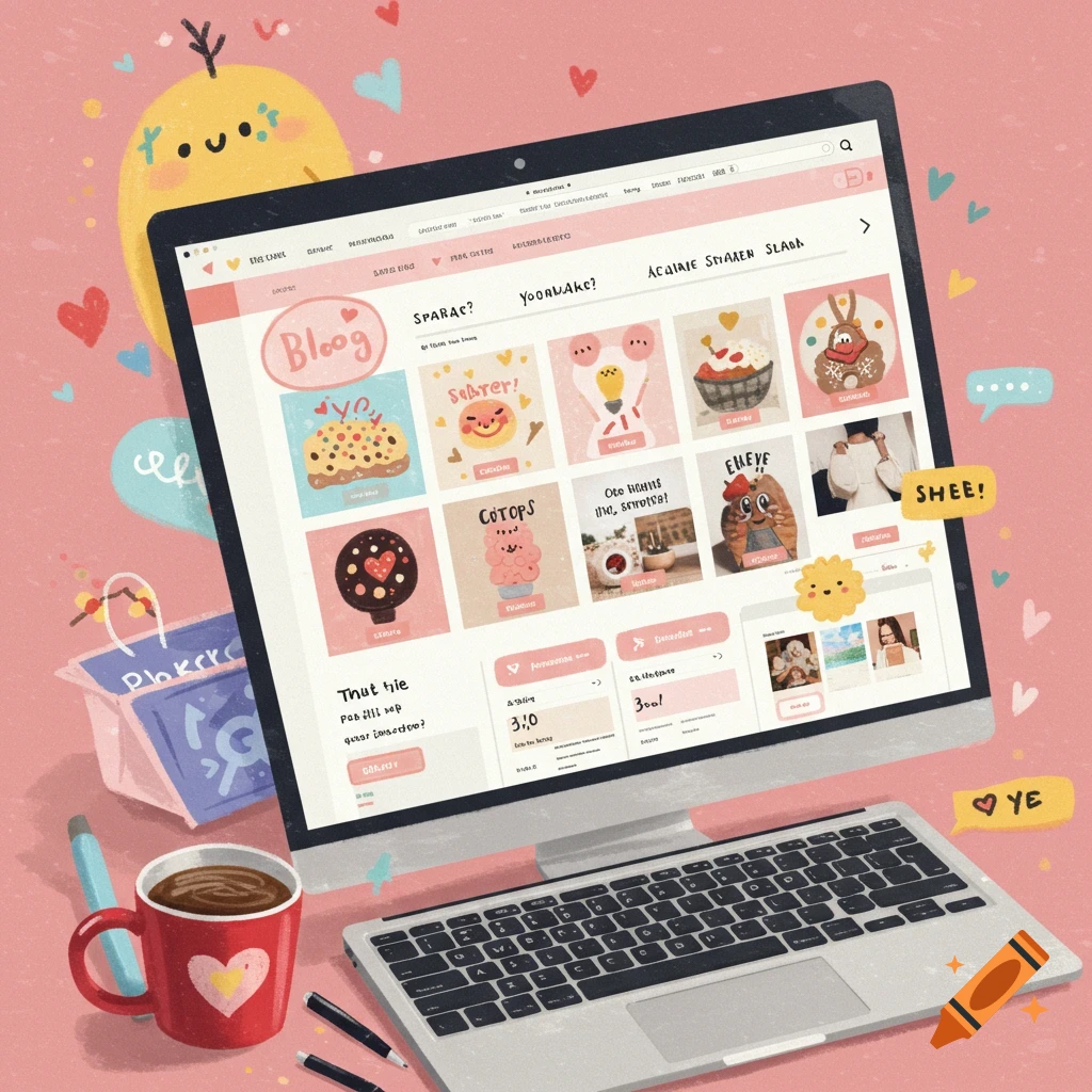 Digital illustration of a desk with a laptop displaying a blog website, coffee cup, and pens in a cute, stylized manner.