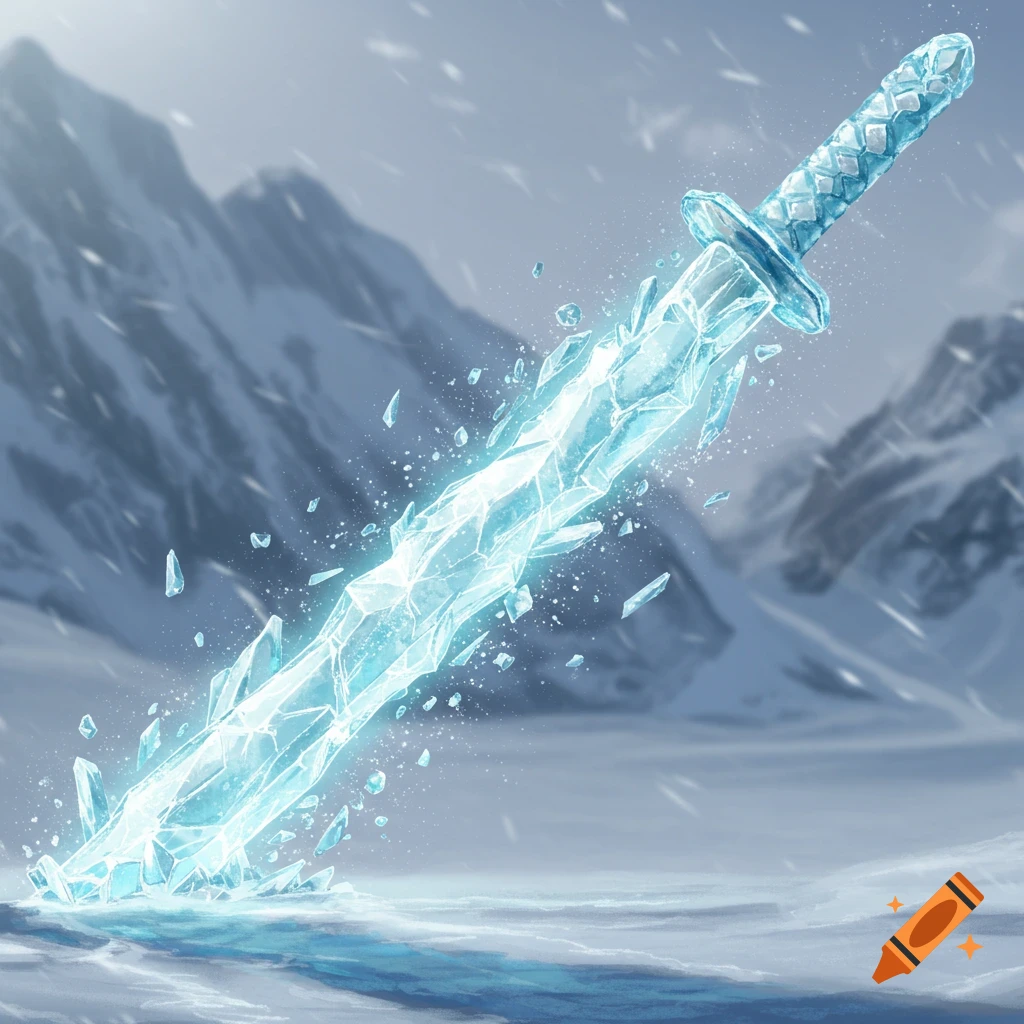 An ice sword stands in the snow in a mountain landscape, with ice shards breaking off.