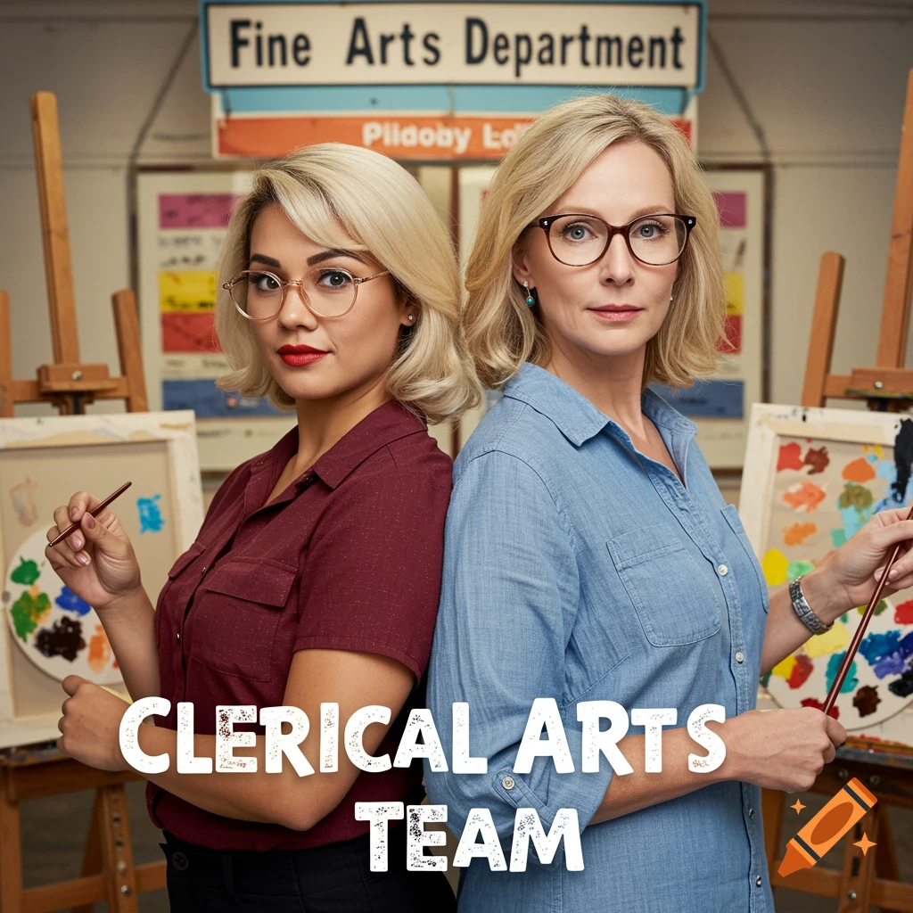 Two women stand back to back in front of easels and paint pallets.