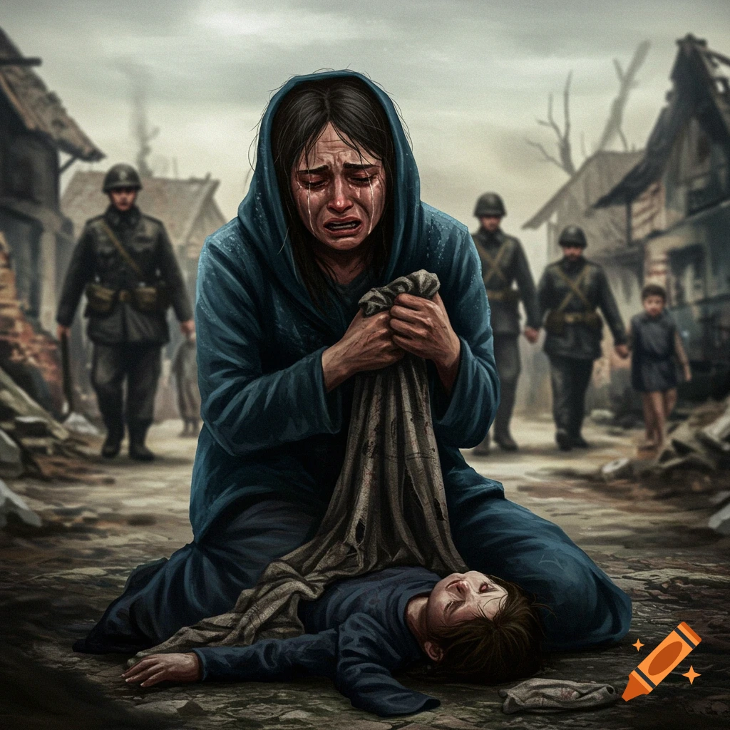 A woman cries over a child's body in a war-torn street with soldiers in the background.