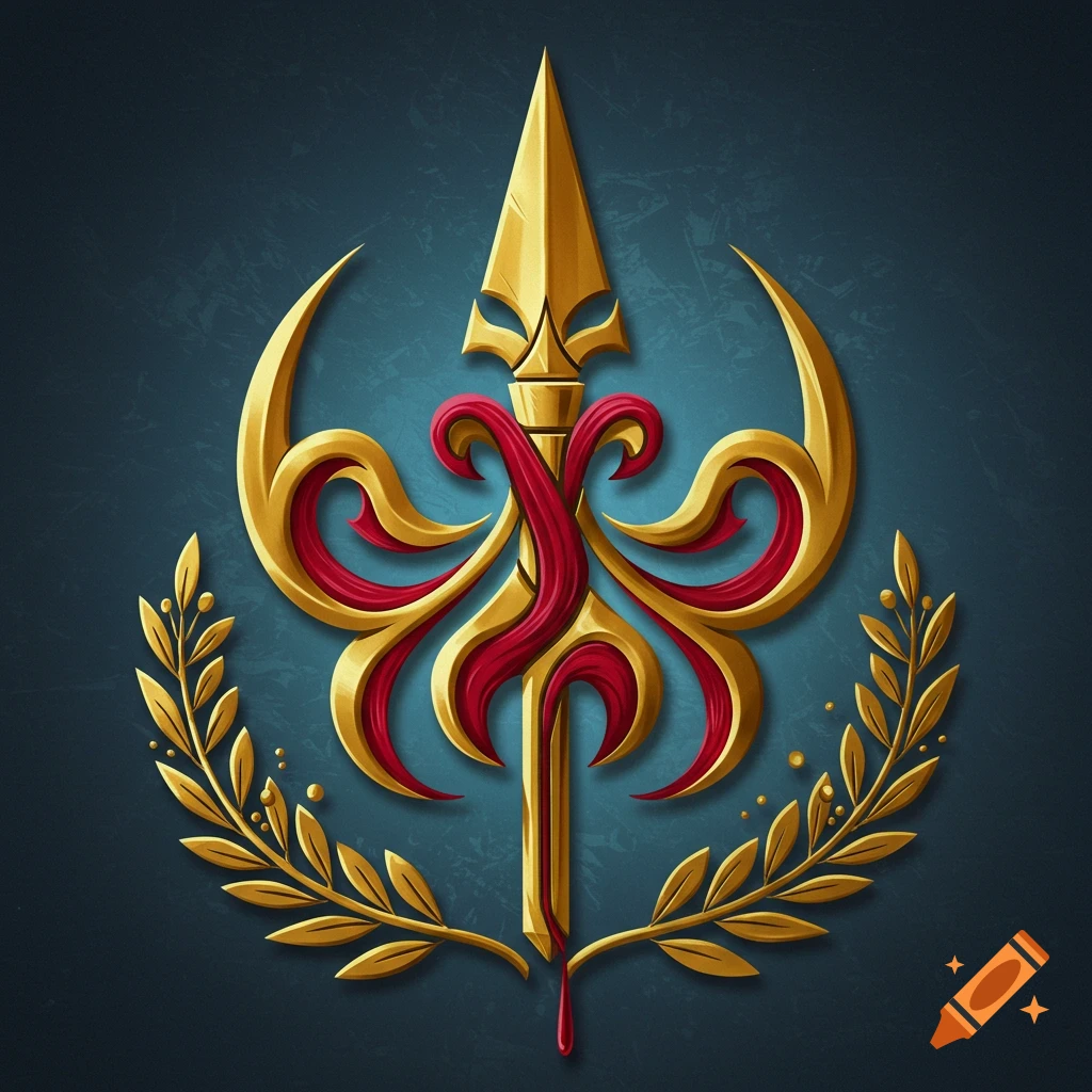 Golden symbolic spear with red ribbons and laurel wreath on dark blue.