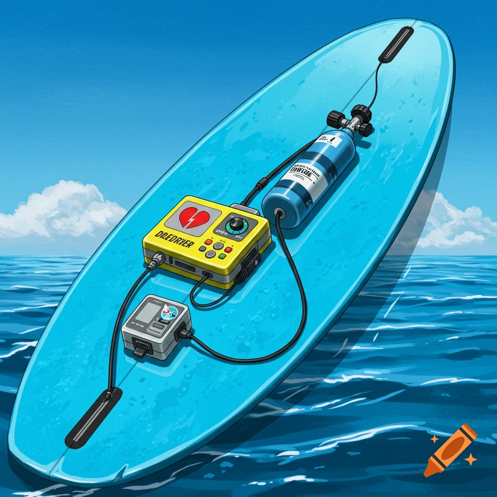 A surfboard equipped with a defibrillator and oxygen tank is seen floating on the ocean.