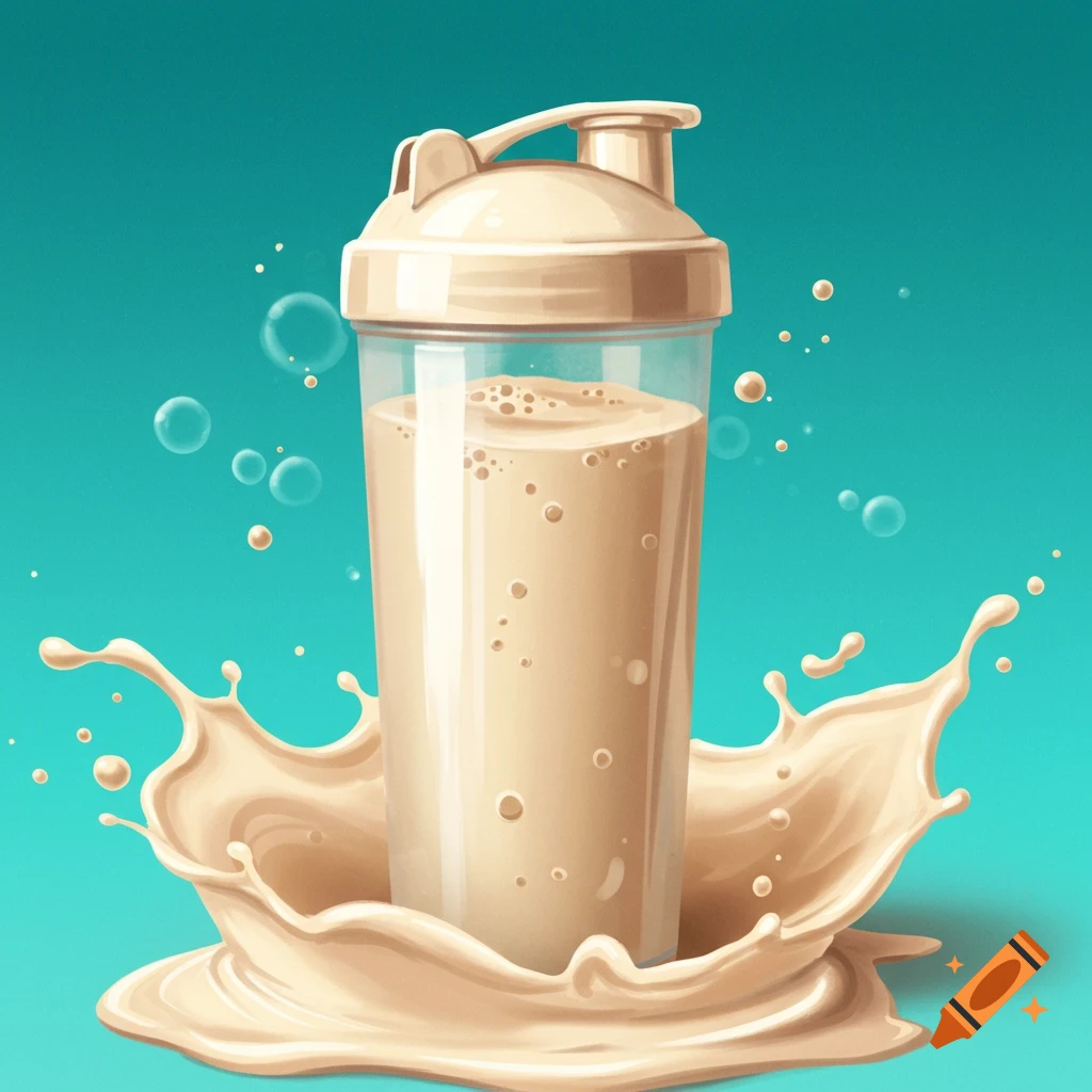 A protein shaker bottle with a splash of protein shake.