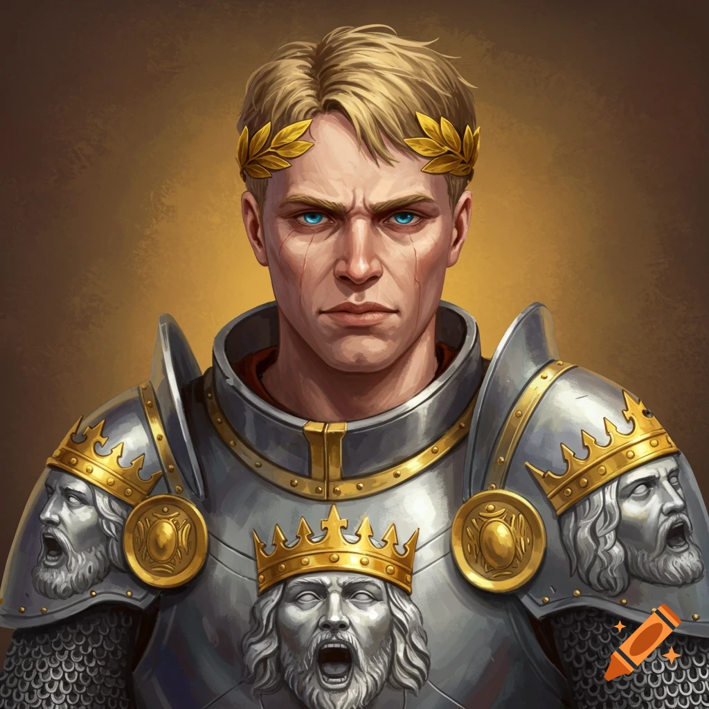 A blonde warrior in ornate armor with etched faces