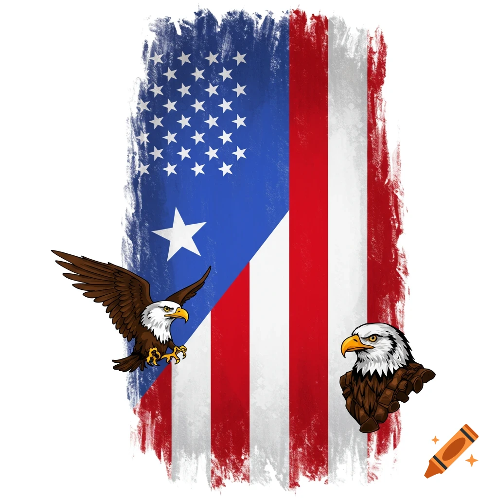 Illustration of half USA and half Puerto Rico flags with brushstroke texture, featuring a flying eagle and an eagle bust.