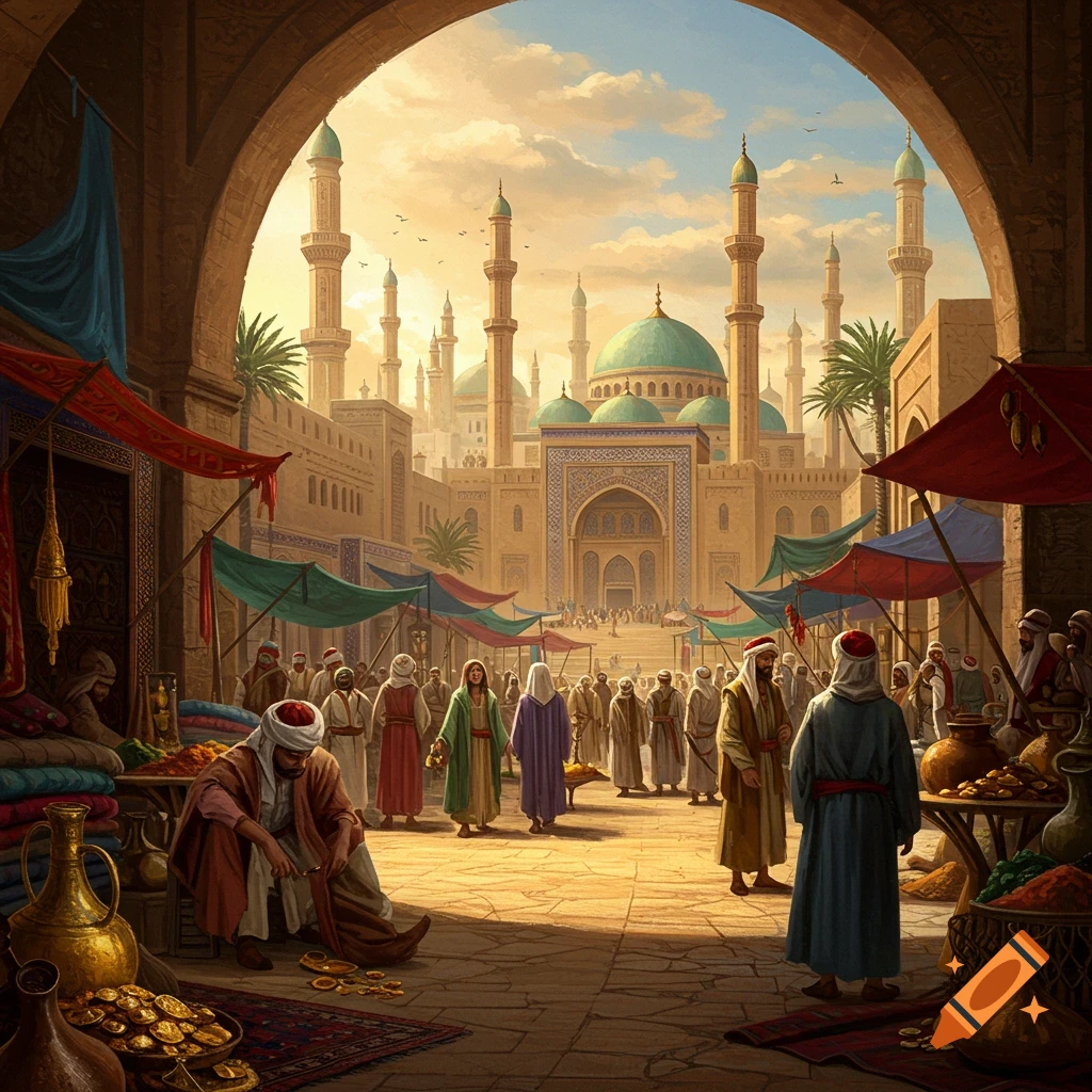 A busy historical market street scene leading to a large mosque, framed by an archway.