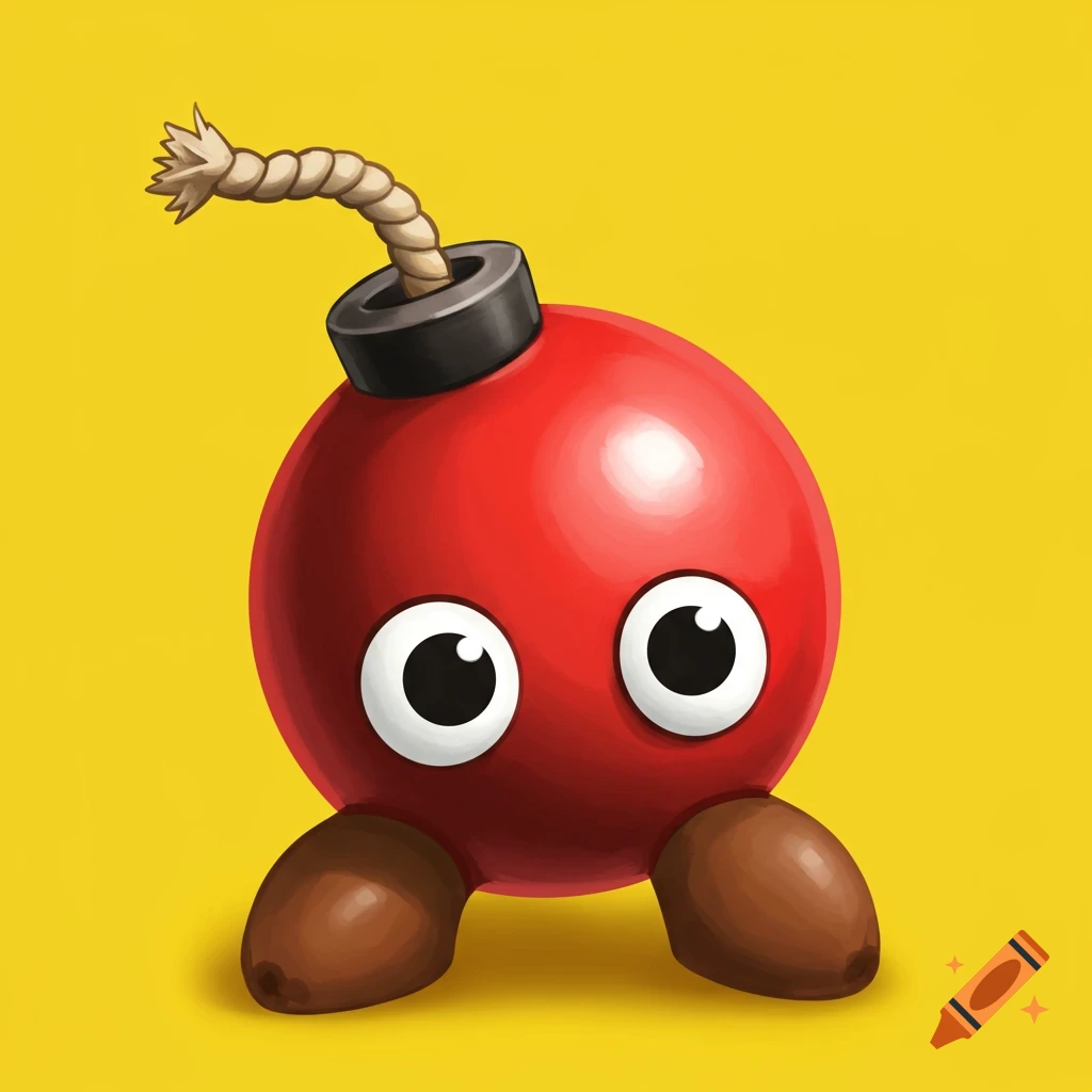 A cute cartoon bomb character with eyes and feet