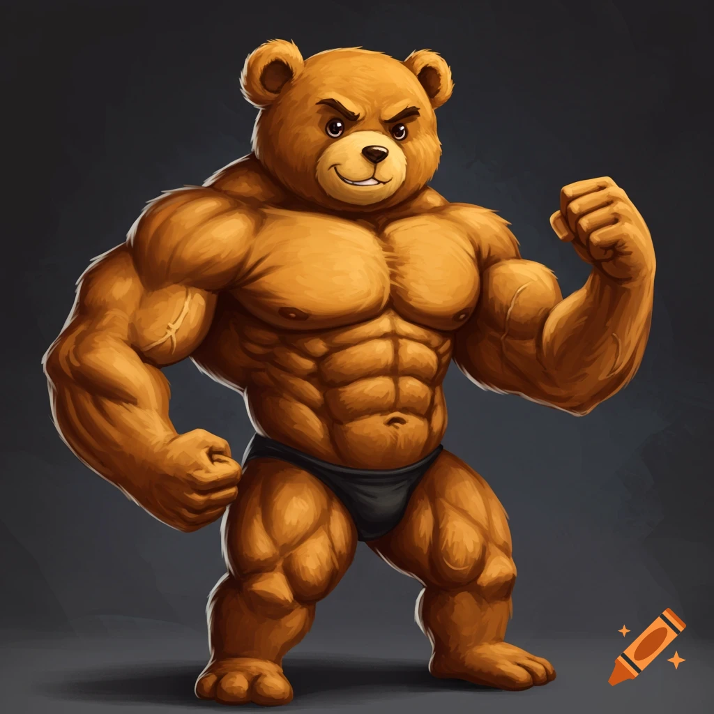 A buff teddy bear flexing