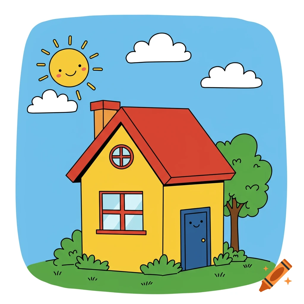 Cartoon house with a smiling sun and clouds in a sticker style.