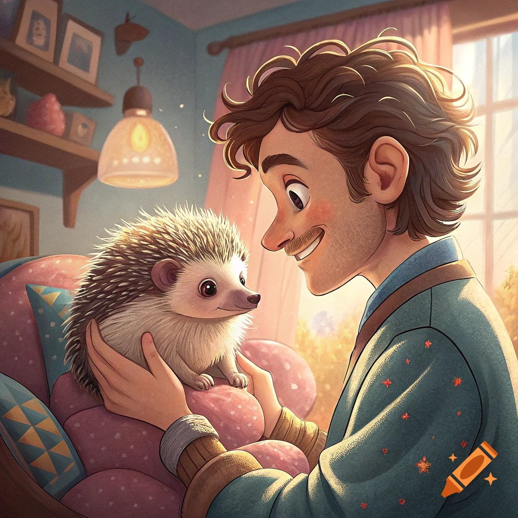 An illustration of a man holding a hedgehog and smiling at it, sitting on a pink cushion.