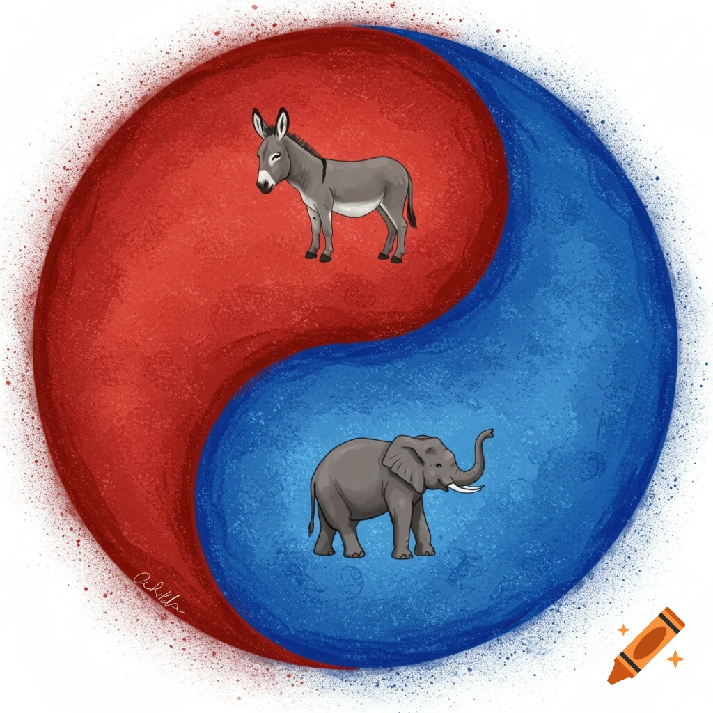 A red and blue yin-yang symbol with a donkey and an elephant