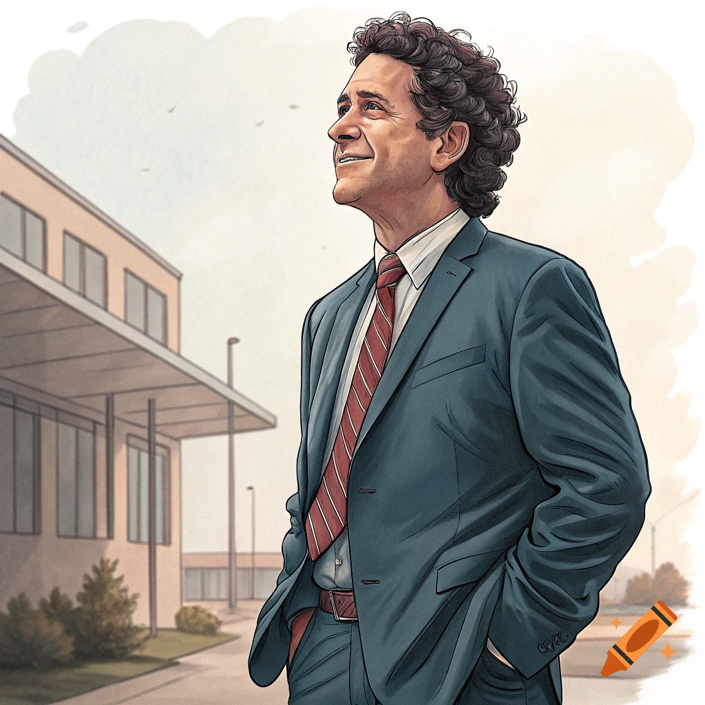 An illustration of a man in a suit looking up outside a modern building.