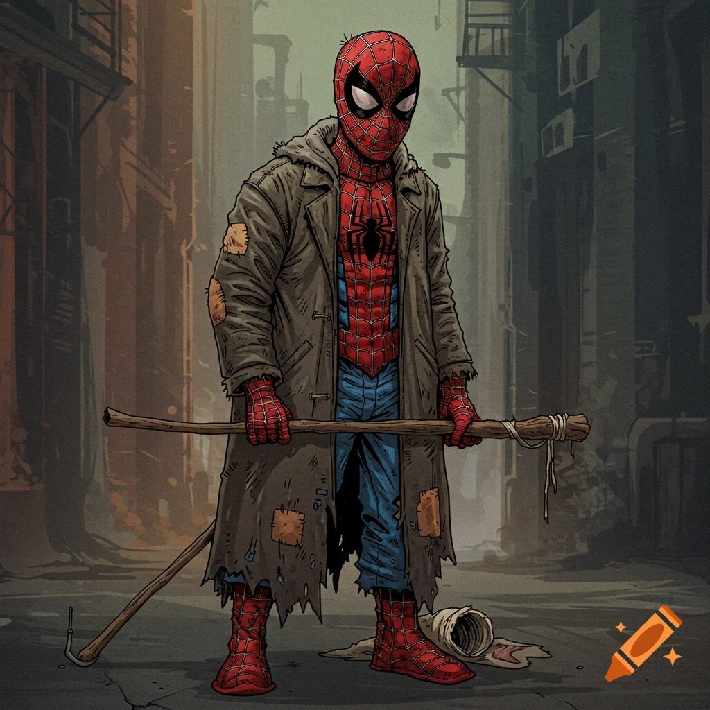 Homeless Spider-Man in a tattered coat holding a stick in an alley.