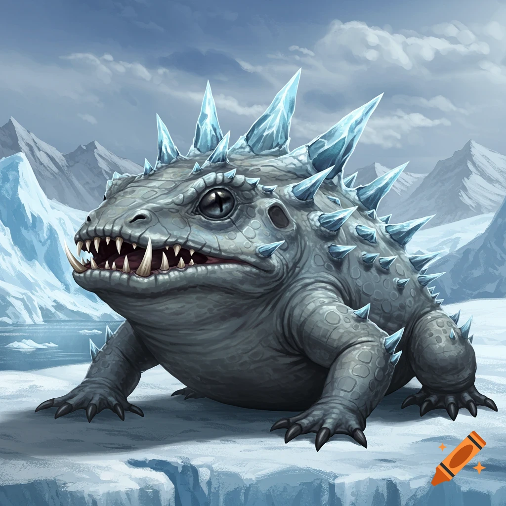 An amphibian-like creature with ice spikes and large teeth is shown in a snowy mountain landscape.