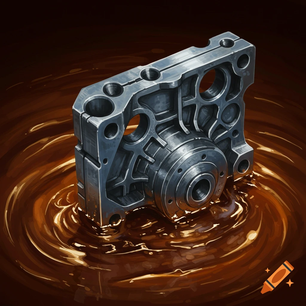 A metal engine part is submerged in oil.