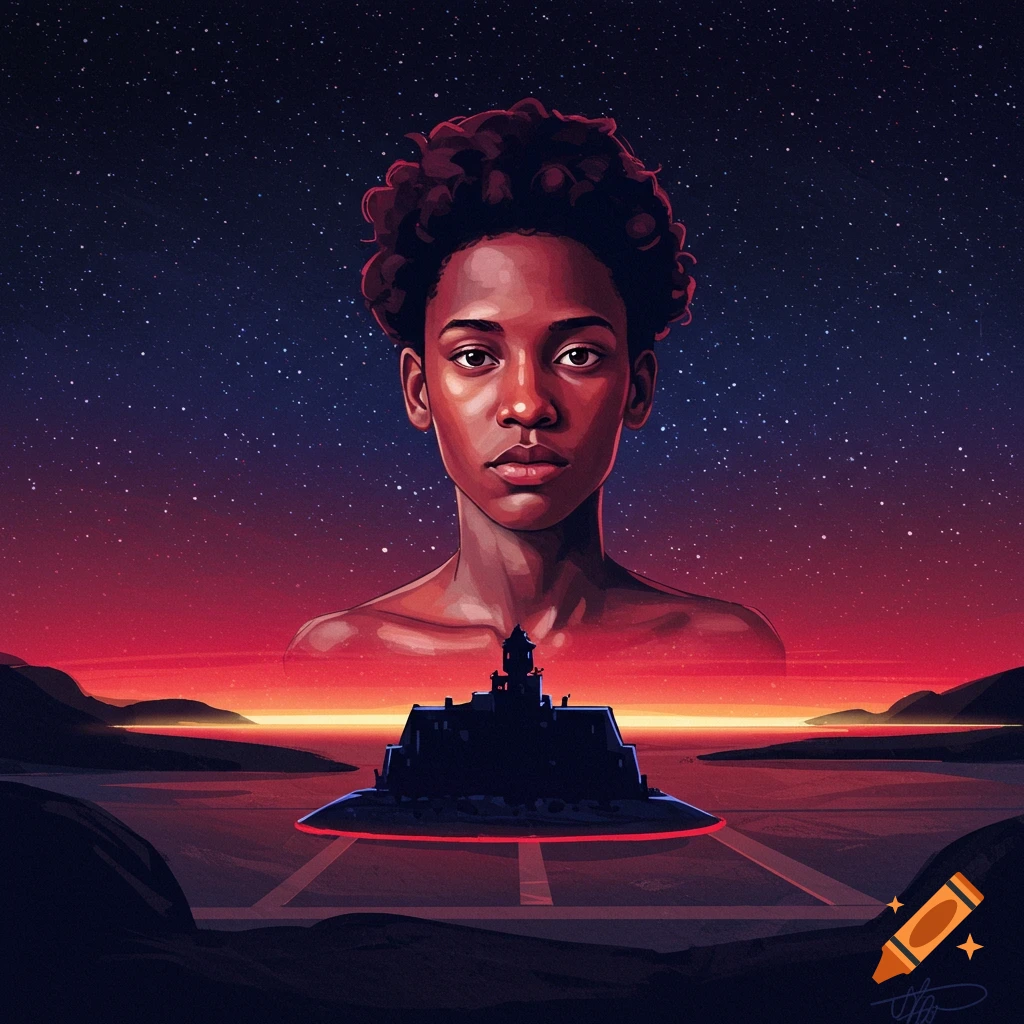 A woman's portrait is superimposed over a futuristic landscape under a starry sky and sunset.