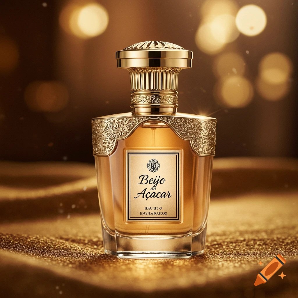 A luxurious gold perfume bottle with intricate details sits on sparkling gold sand, lit by warm bokeh lights.