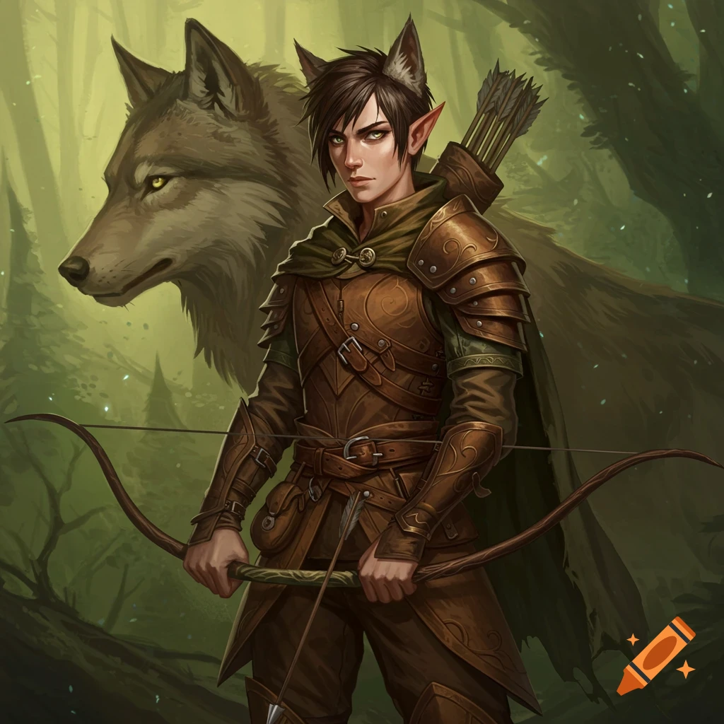 An elven ranger with wolf ears stands alongside a wolf in a forest.