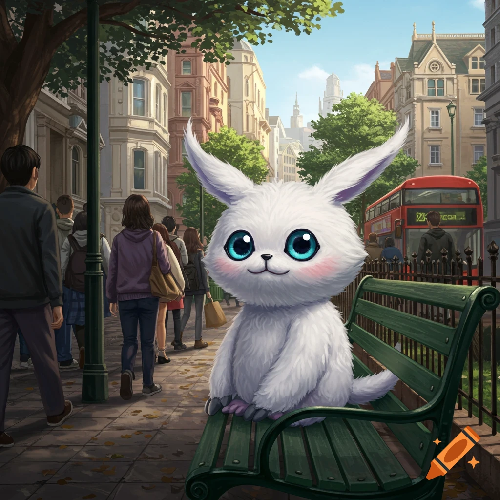 A fluffy white Digimon with blue eyes sits on a park bench in a city street scene with people and a bus.
