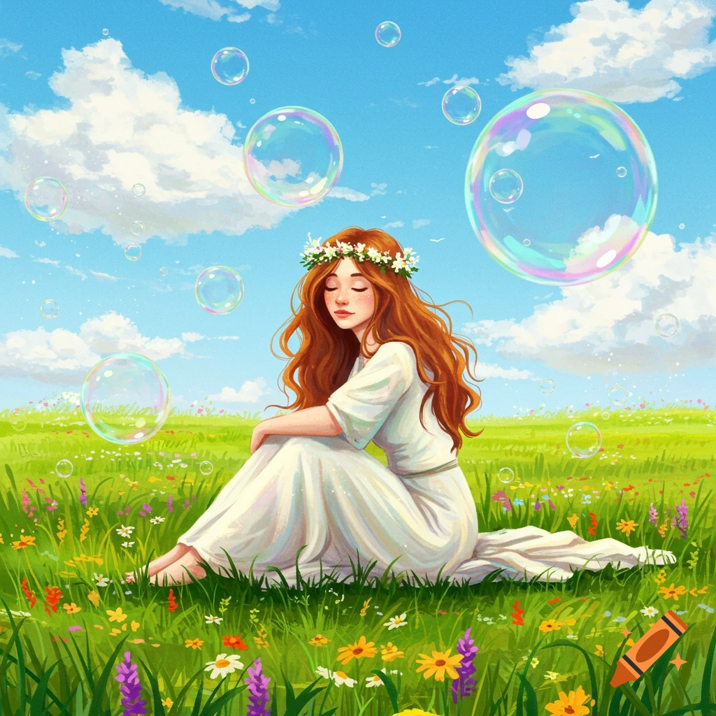 A woman sitting in a sunny meadow with bubbles floating around her.