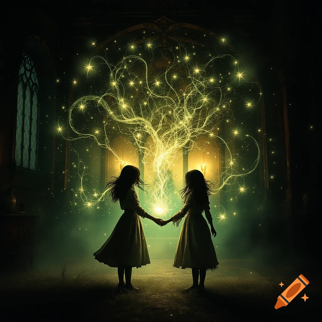 Two girls holding hands in a dark room, connected by glowing magical energy. Gothic style.
