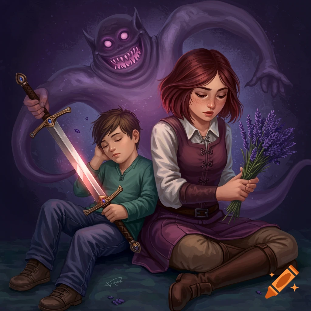 A girl sits with a sleeping boy, holding a sword and lavender bouquet, while a purple monster looms behind them.