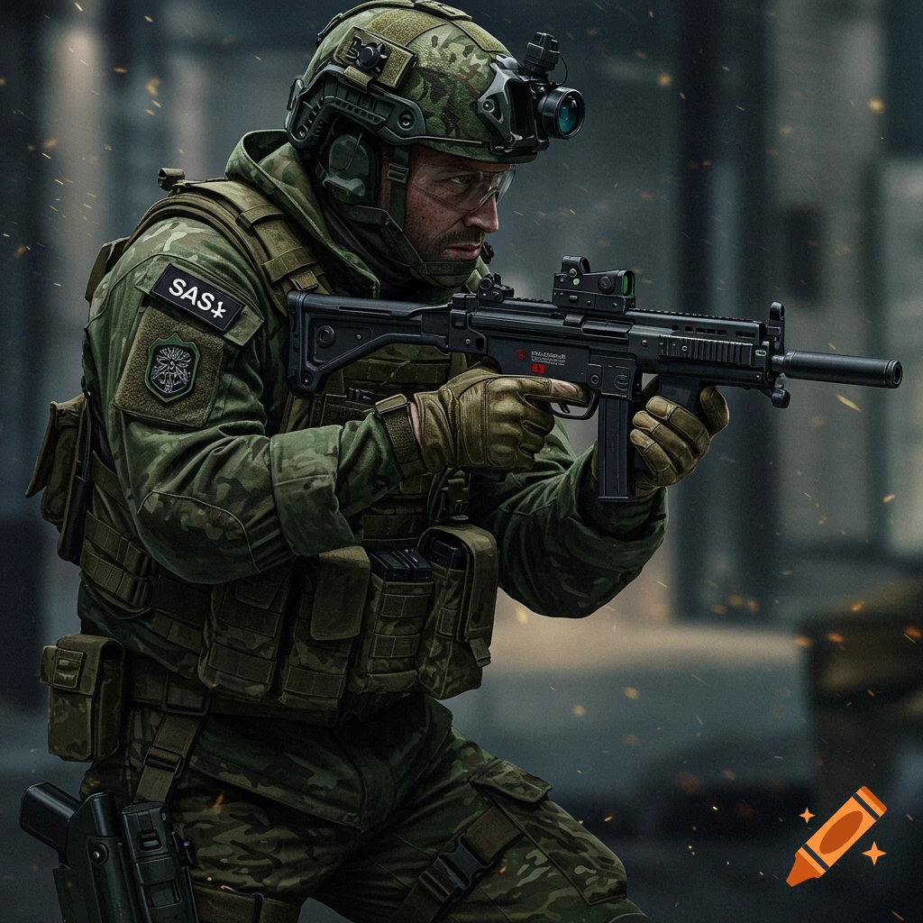 Soldier in camouflage uniform holding a rifle.
