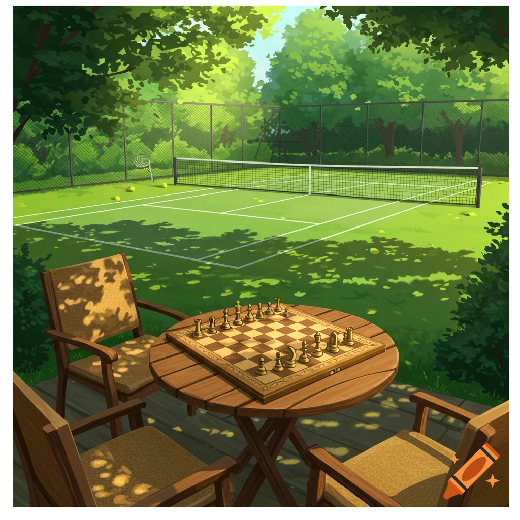 A tennis court is depicted with trees surrounding it. In the foreground, there is a table with chairs and a chessboard.