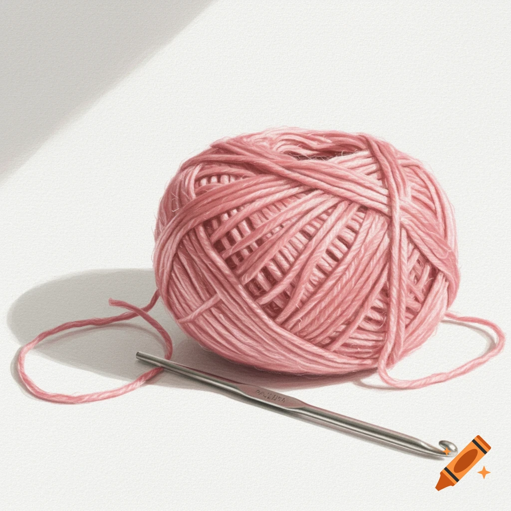 A pink ball of yarn and a crochet hook on a white surface.