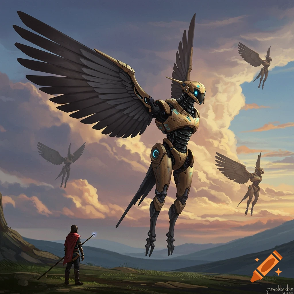 A person faces large winged robots flying over a landscape at sunset.