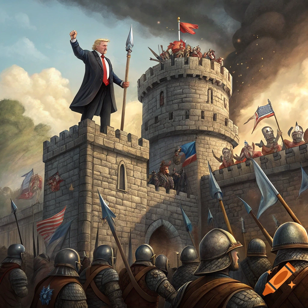 Illustration of Donald Trump standing on a medieval castle tower besieged by an army.