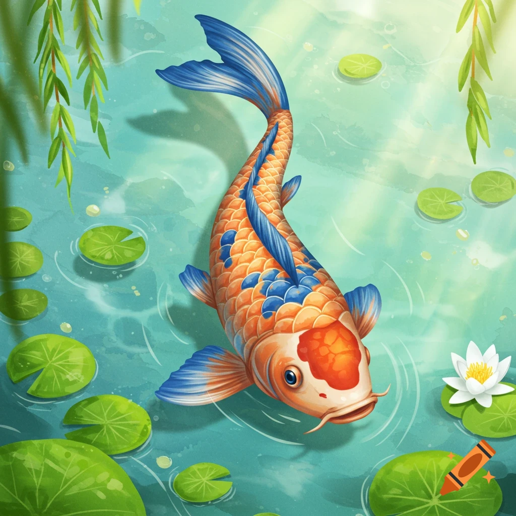 A koi fish swimming in a pond with lily pads and a water lily.