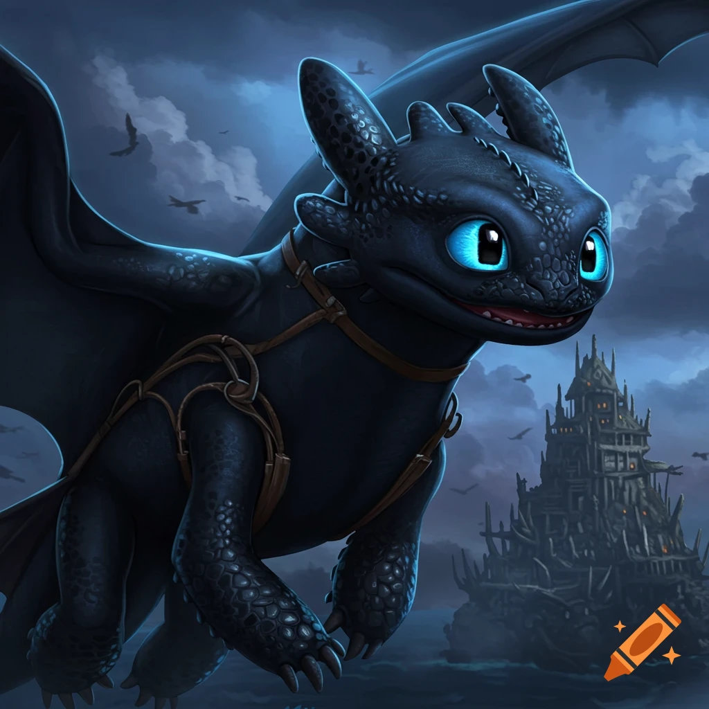 Toothless the dragon flying near a dark castle.
