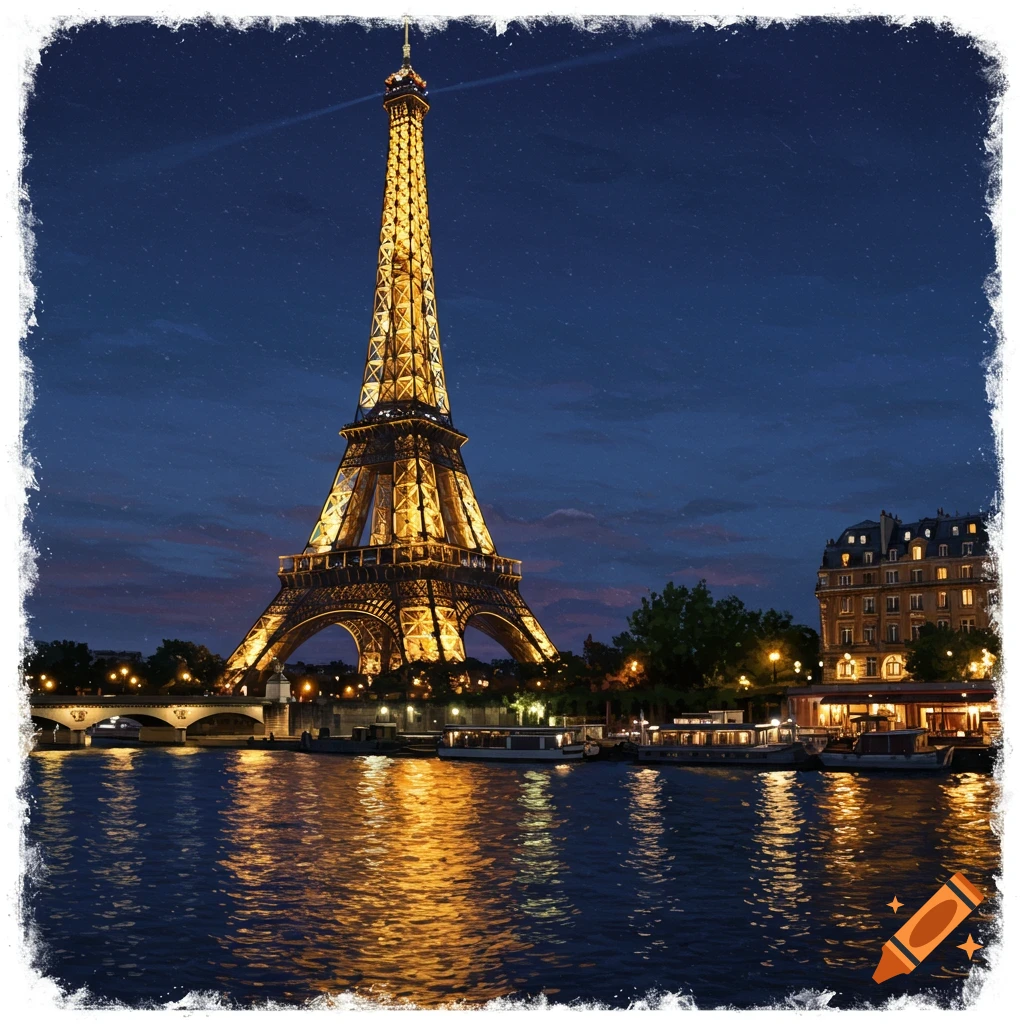Illuminated Eiffel Tower over the Seine river in Paris at night.