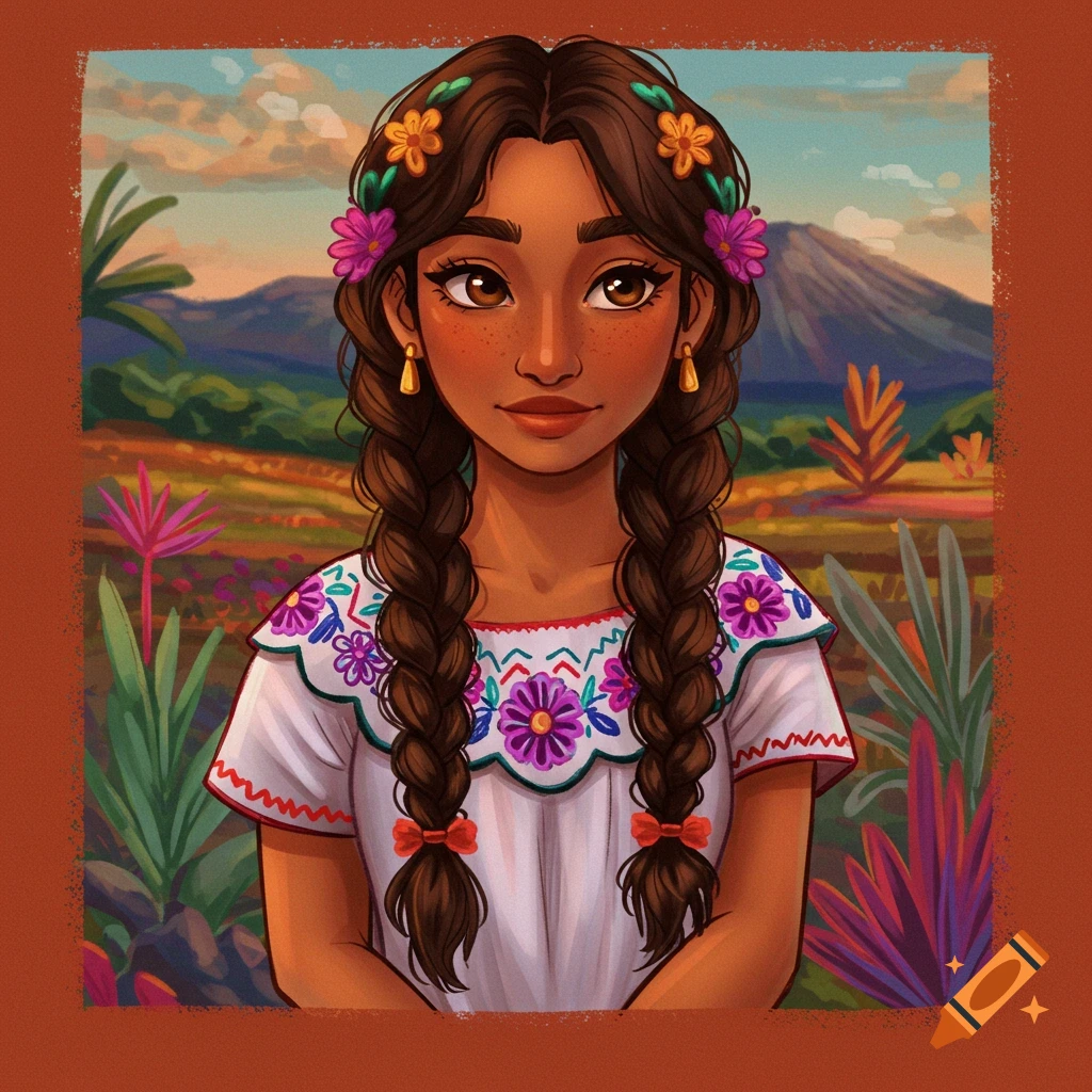 A girl in traditional dress with braids and flowers, in a landscape.