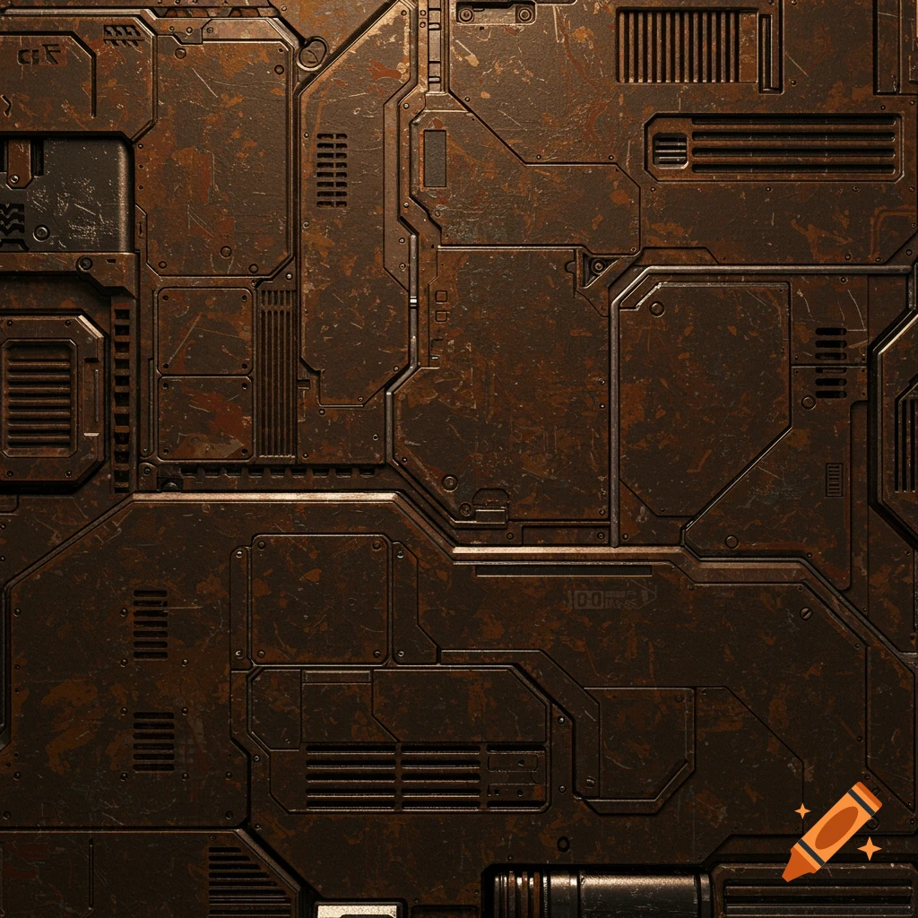 Close-up of a rusty metal sci-fi tech base wall texture.