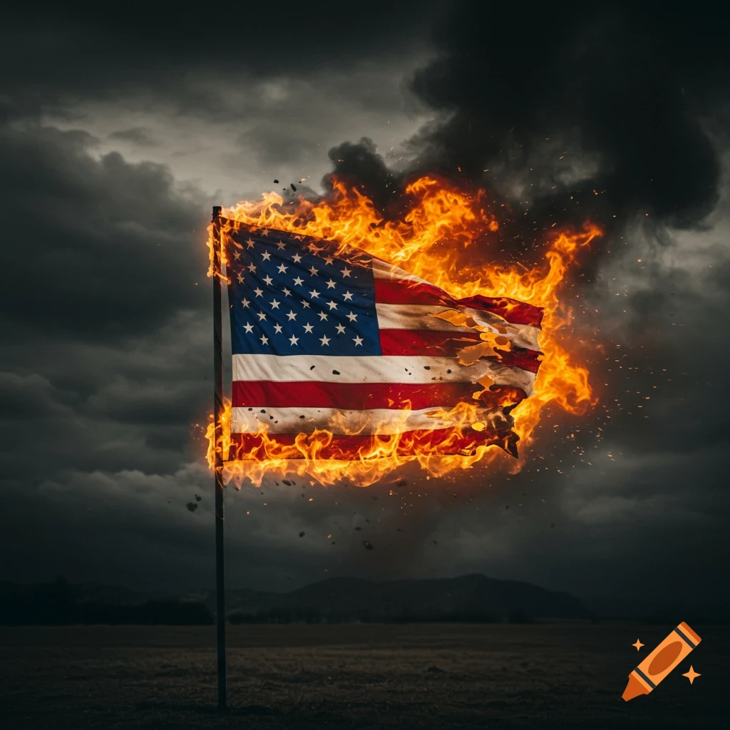 American flag burning against a dark stormy sky