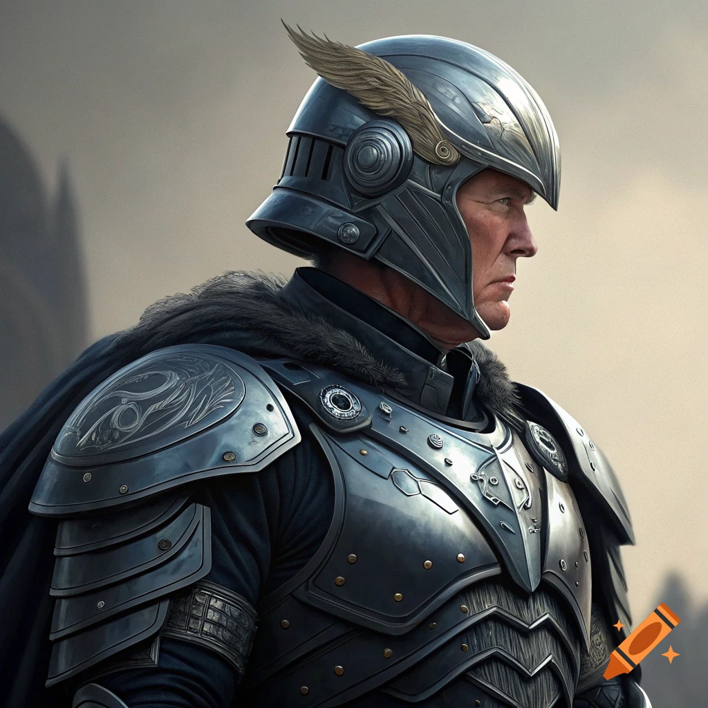 Profile portrait of a person resembling Trump wearing ornate power armor.