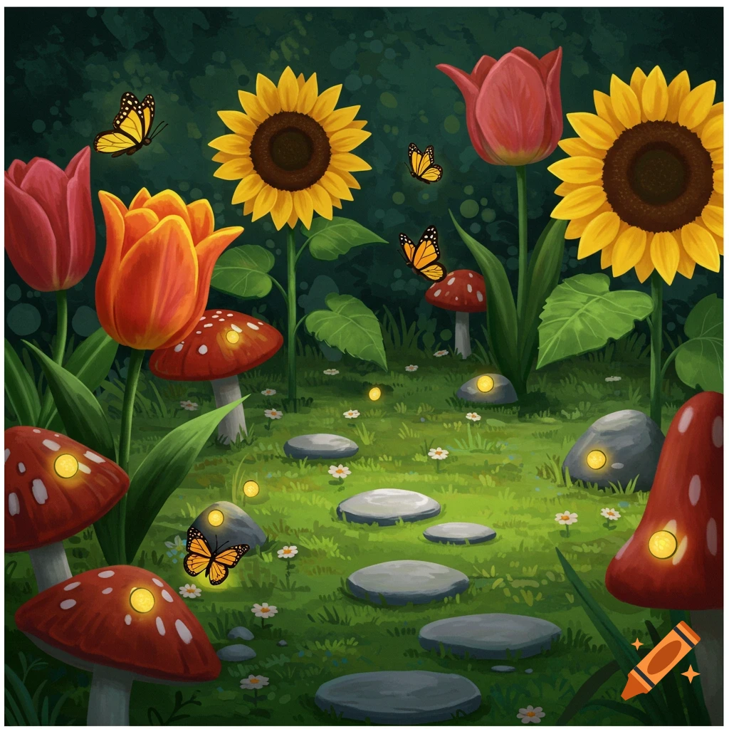 A whimsical garden with oversized sunflowers, tulips, glowing mushrooms, stepping stones, and butterflies.