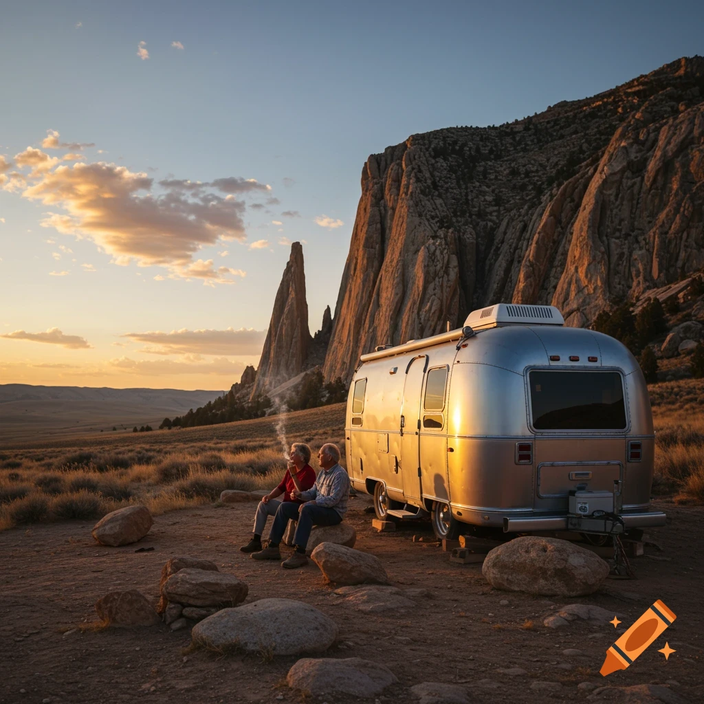 An old couple sits next to a silver Airstream camper, watching the sunset in a desert landscape with striking rock formations.