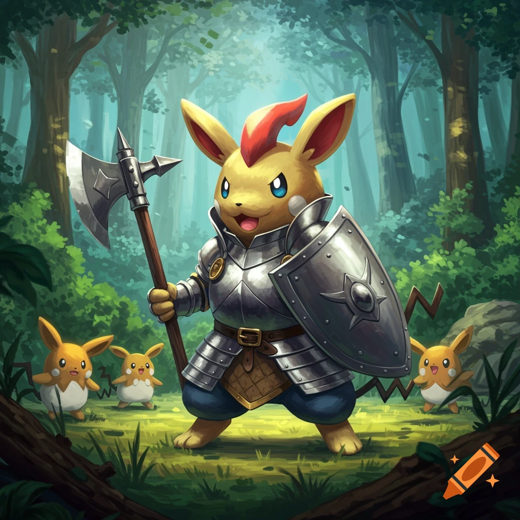 A cute yellow creature resembling a Pokemon in fantasy armor holding an axe and shield in a forest.