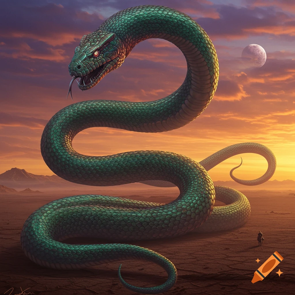 A gigantic green snake towers over a tiny figure in a desert landscape at sunset.