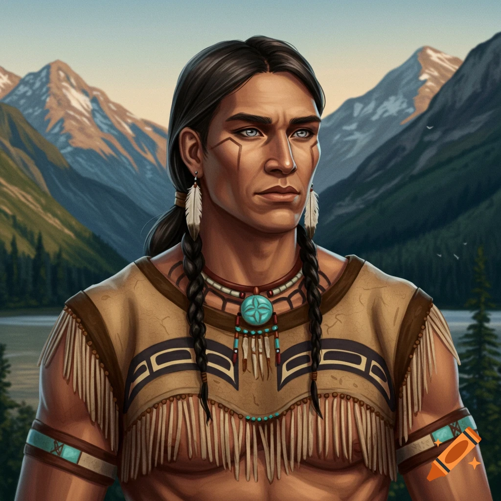 A man in traditional clothing adorned with feathers and beads stands against a backdrop of a majestic mountain landscape.