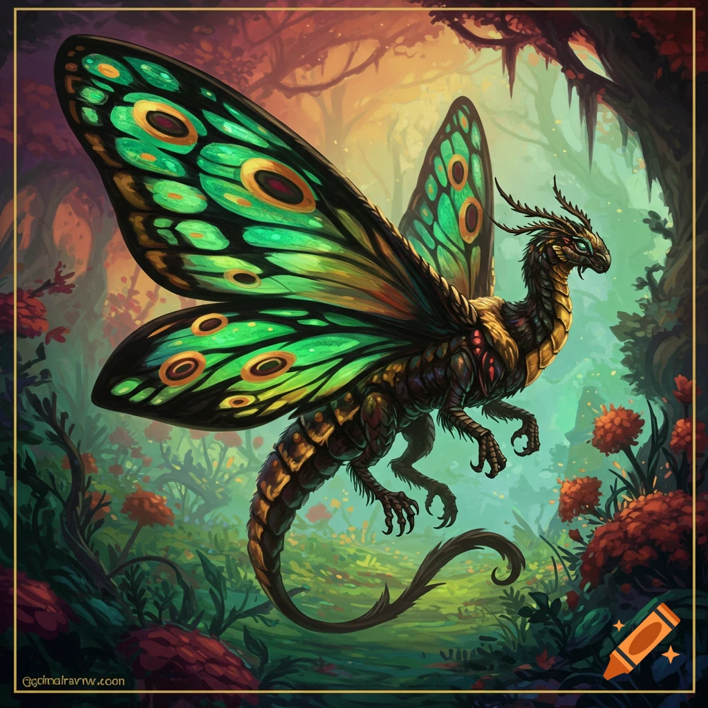 A creature with a dragon body and large moth wings flies in a forest.