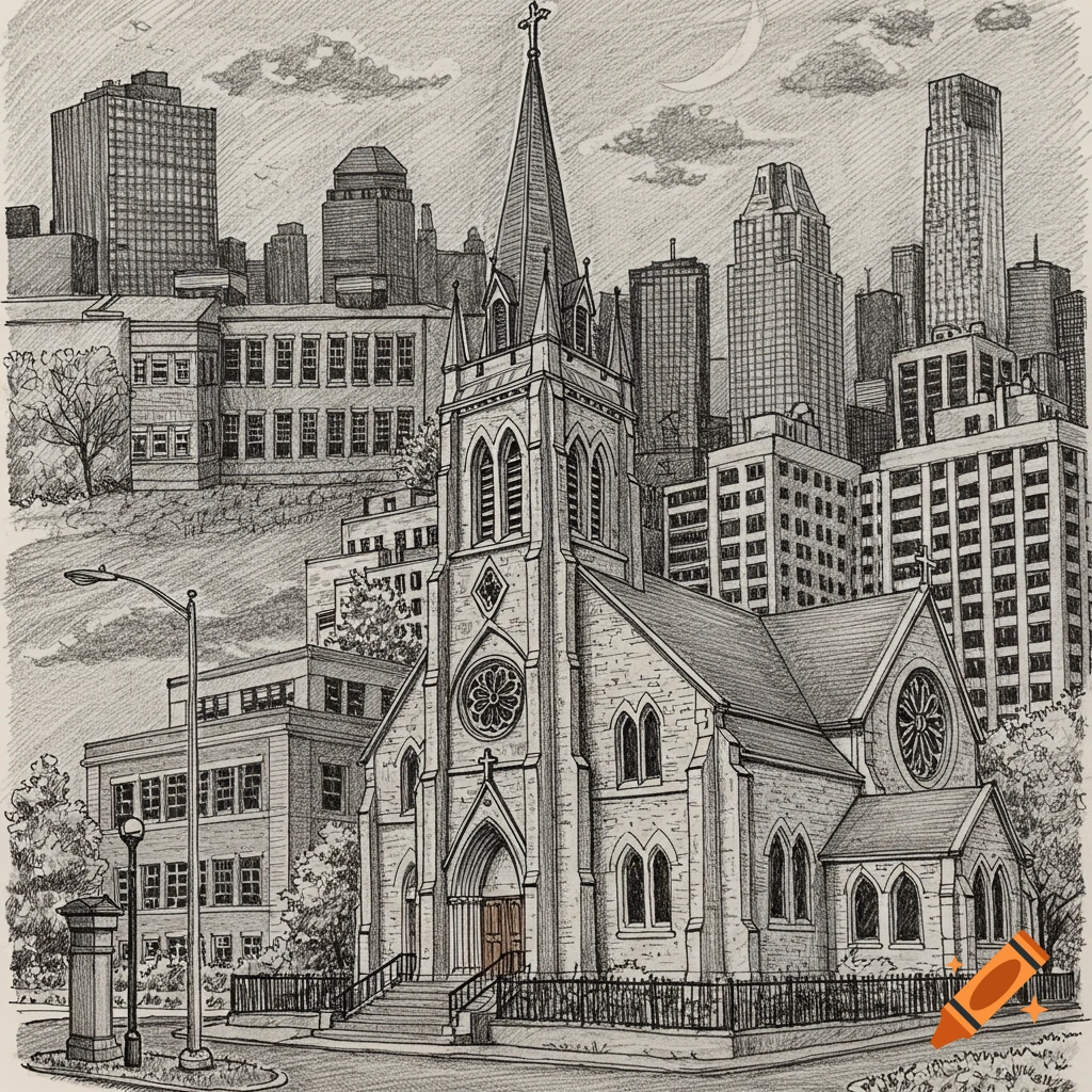 Pencil drawing of a church in the foreground with a school and city skyline in the background.