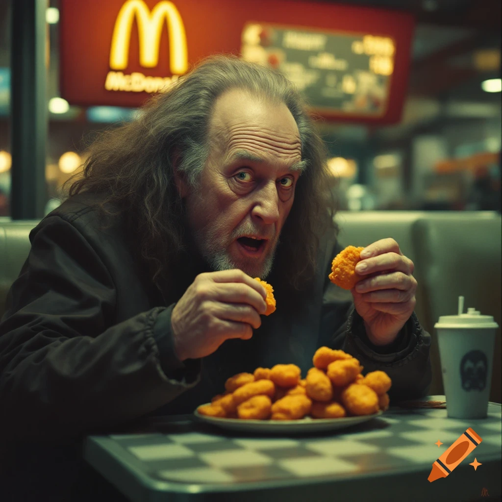 An older man with long hair sits in a restaurant booth, eating chicken nuggets from a plate.