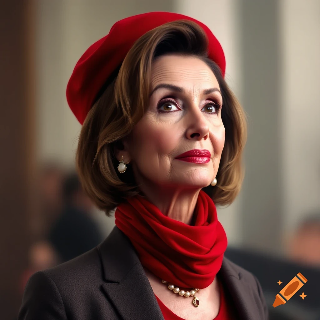 A woman in a red beret and scarf looking upwards.