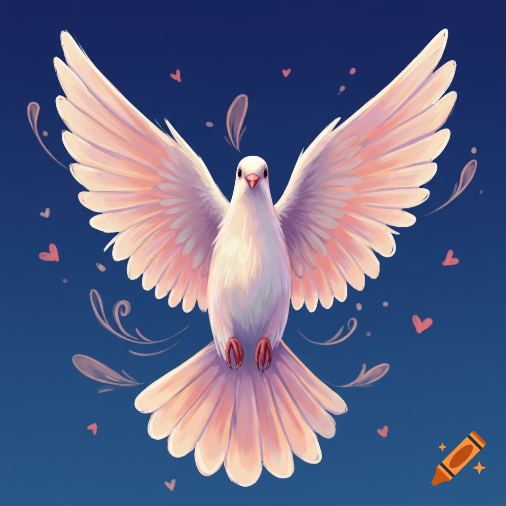 A white dove flying with spread wings, surrounded by hearts and swirls, against a blue background.
