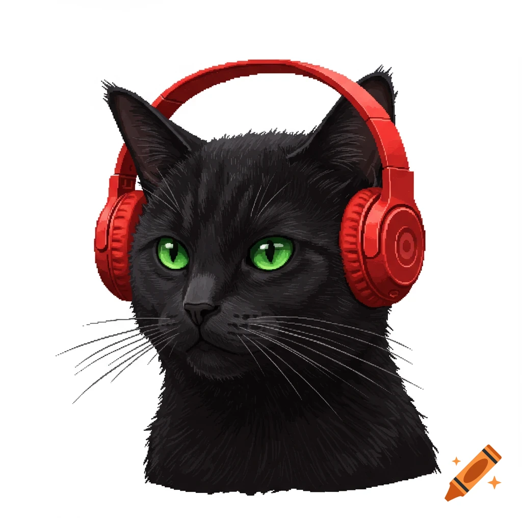 A close-up illustration of a black cat wearing red headphones on a white background.