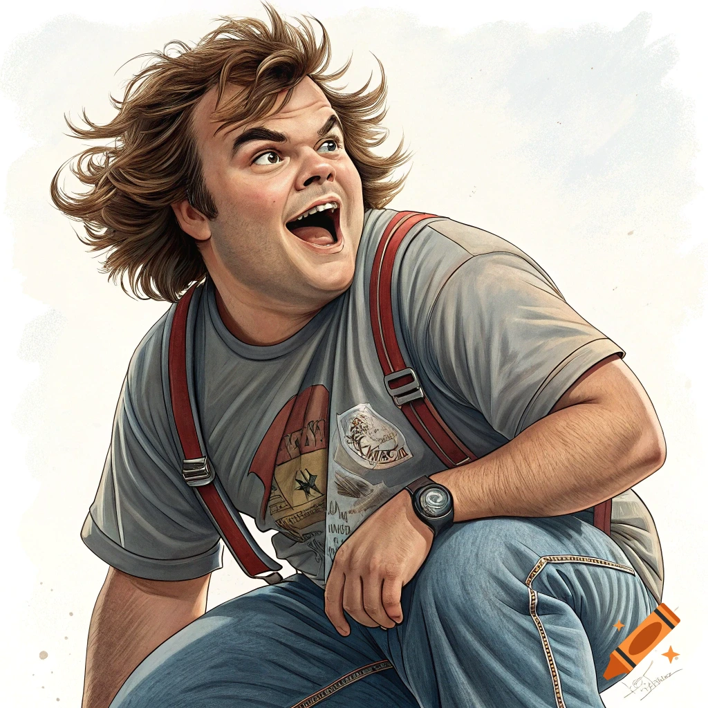 Stylized cartoon portrait of Jack Black in a grey shirt and red suspenders, crouching and looking up excitedly.